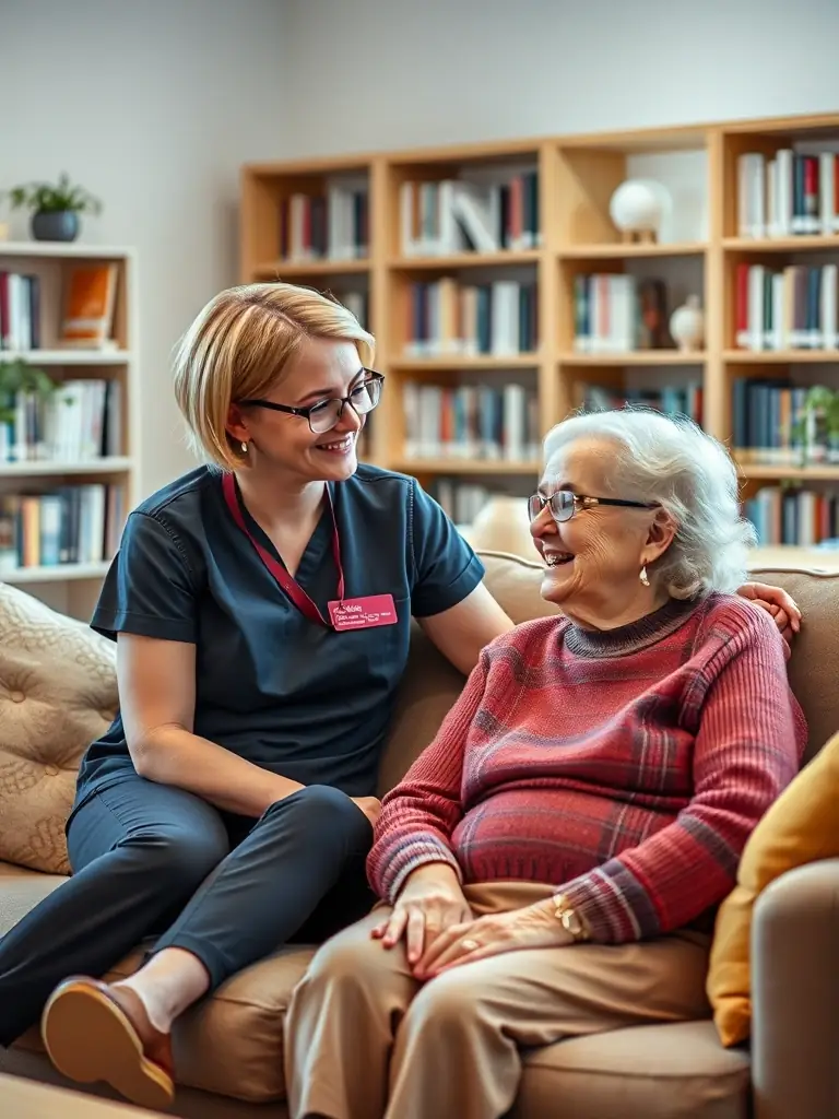 A support worker engaging in a friendly conversation with a resident in a communal lounge, highlighting the peer support and social interaction aspects of CentroCare.