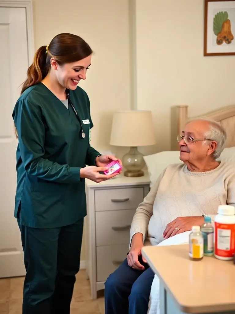 A CentroCare staff member assisting a resident with medication management, demonstrating the comprehensive health support provided.