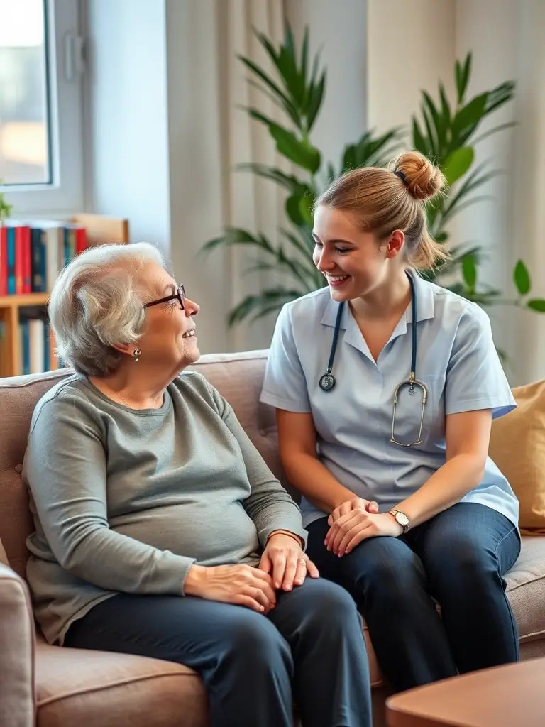 A photograph showing a CentroCare support worker engaging in a friendly conversation with a resident in a communal lounge area, highlighting the importance of social interaction and emotional support.
