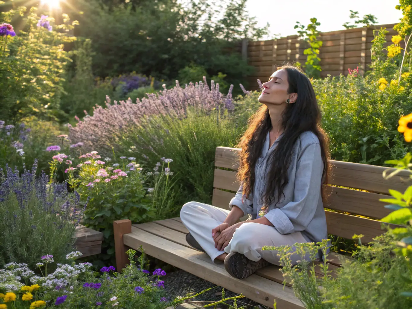 A person meditating outdoors in a peaceful garden setting, symbolizing mindfulness and stress reduction. The image reflects CentroCare's holistic approach to mental health, incorporating wellness practices.
