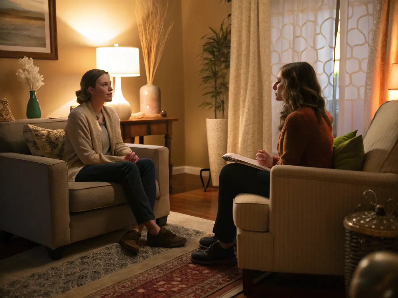 A serene image of a therapist in a brightly lit office, engaging in a counseling session with a client, both seated comfortably. The scene conveys trust and empathy, highlighting the personalized approach to therapy at CentroCare.