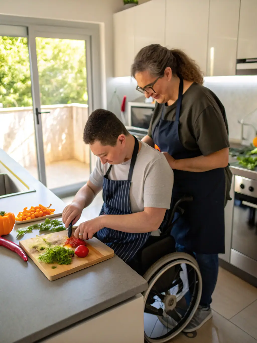 A photograph depicting a CentroCare resident receiving assistance with meal preparation from a support worker in a modern, accessible kitchen, emphasizing the focus on independent living skills.