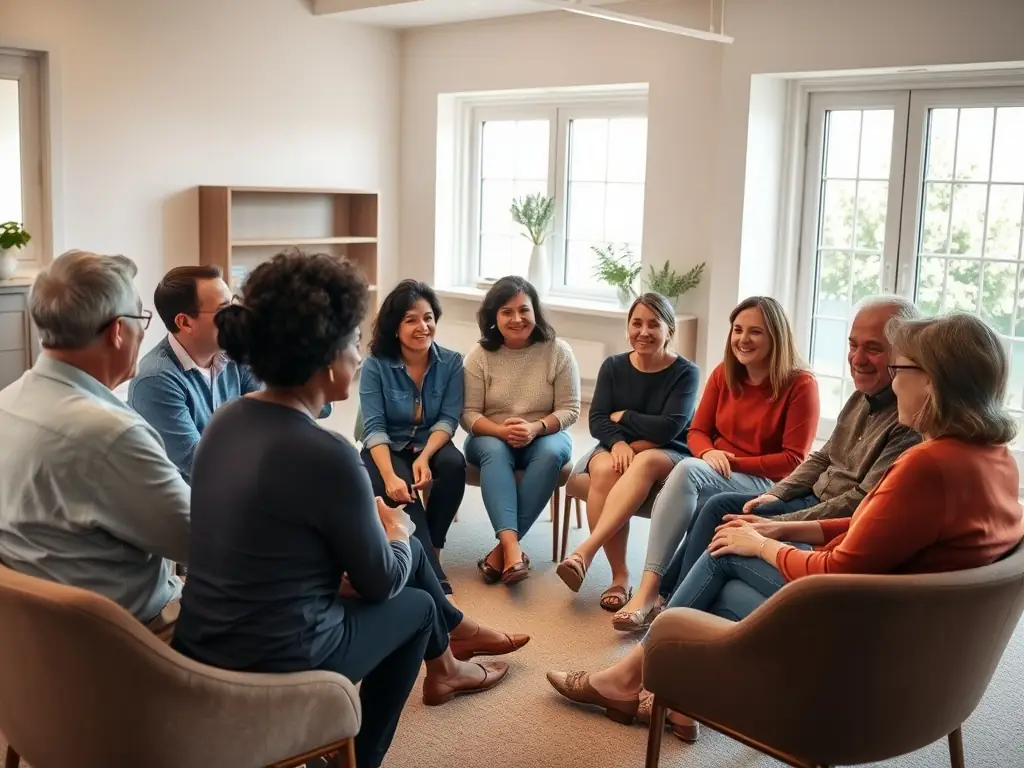 A group of diverse individuals participating in a group therapy session, seated in a circle, actively listening and sharing experiences. The setting is a comfortable, supportive room, emphasizing the community aspect of CentroCare's services.