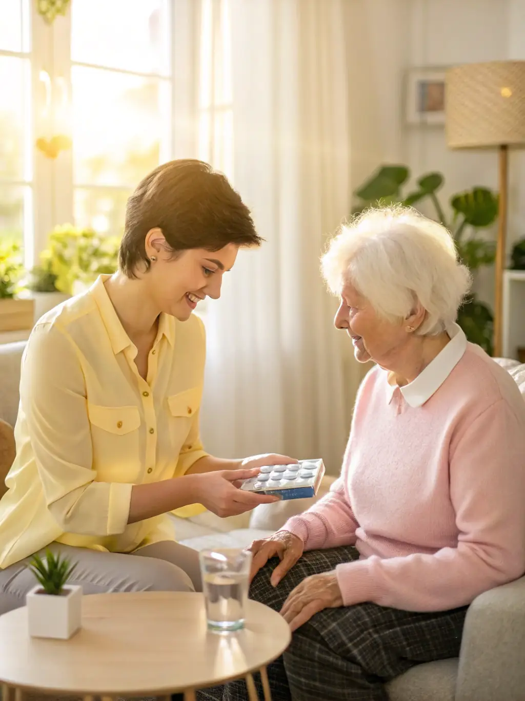 A photograph depicting a CentroCare support worker assisting a resident with managing their medication, emphasizing the center's commitment to responsible and safe medication management.
