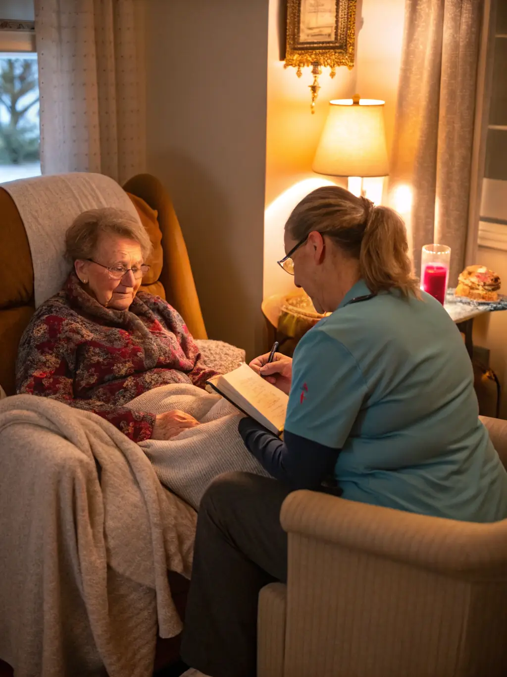 A dedicated personal care assistant providing one-on-one support to a resident in their private room, emphasizing the personalized care approach of CentroCare.