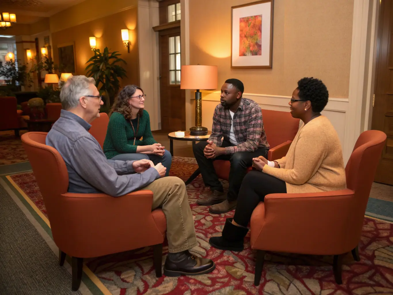 CentroCare team members participating in a peer support meeting, sitting in a circle and sharing experiences, with warm, encouraging expressions and a sense of camaraderie.
