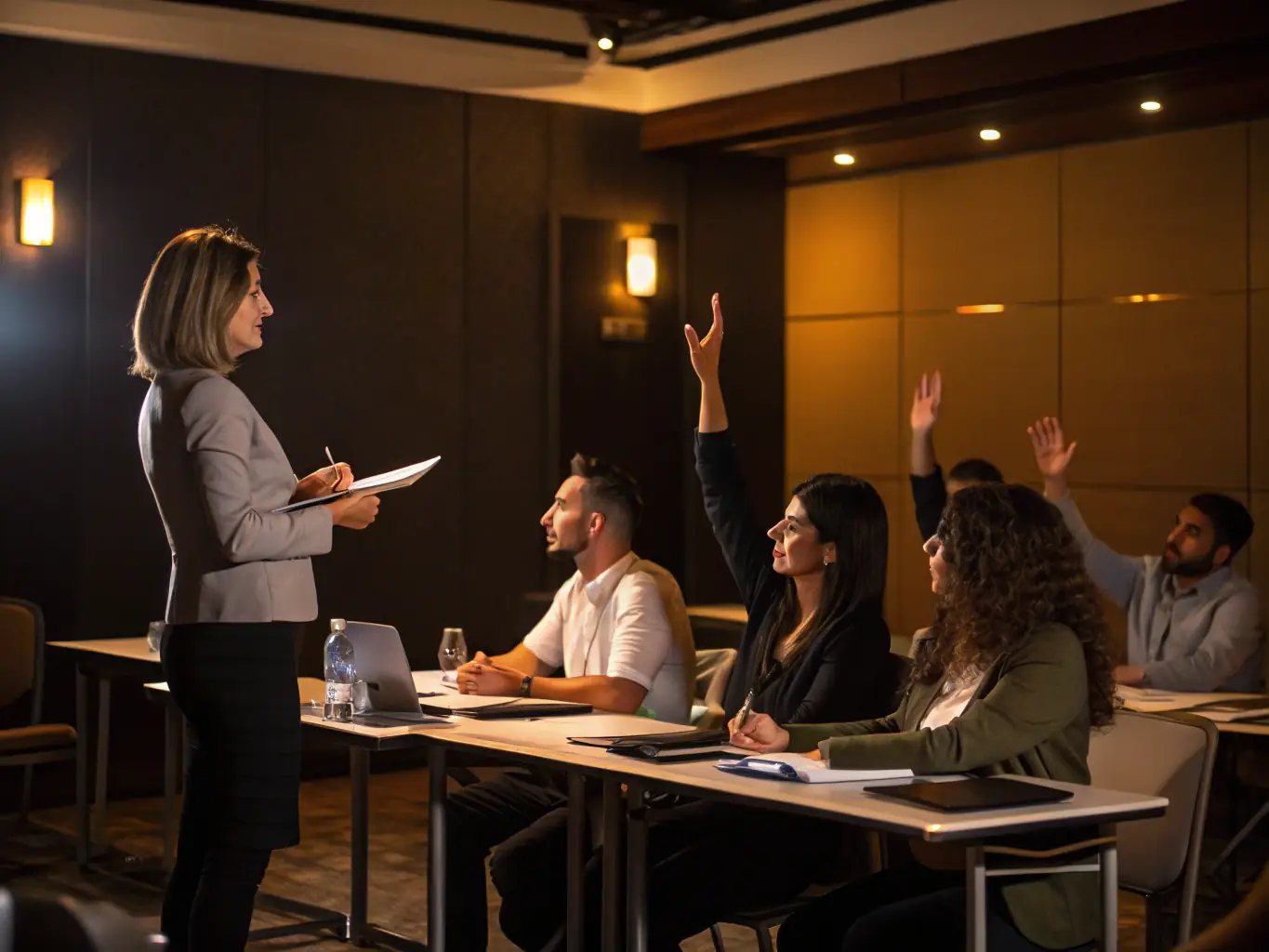 A CentroCare staff member attending a professional development workshop, taking notes and engaging with a trainer, with educational materials and certificates visible in the background.