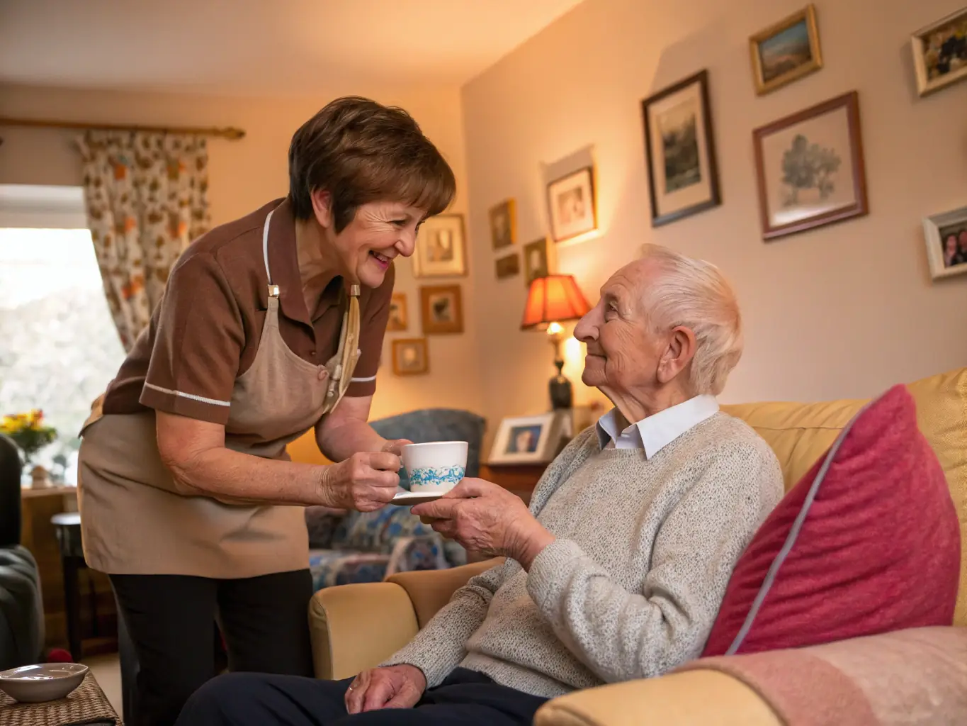 A domiciliary carer visiting an older adult in their home, offering companionship and practical help, with a warm and reassuring atmosphere.