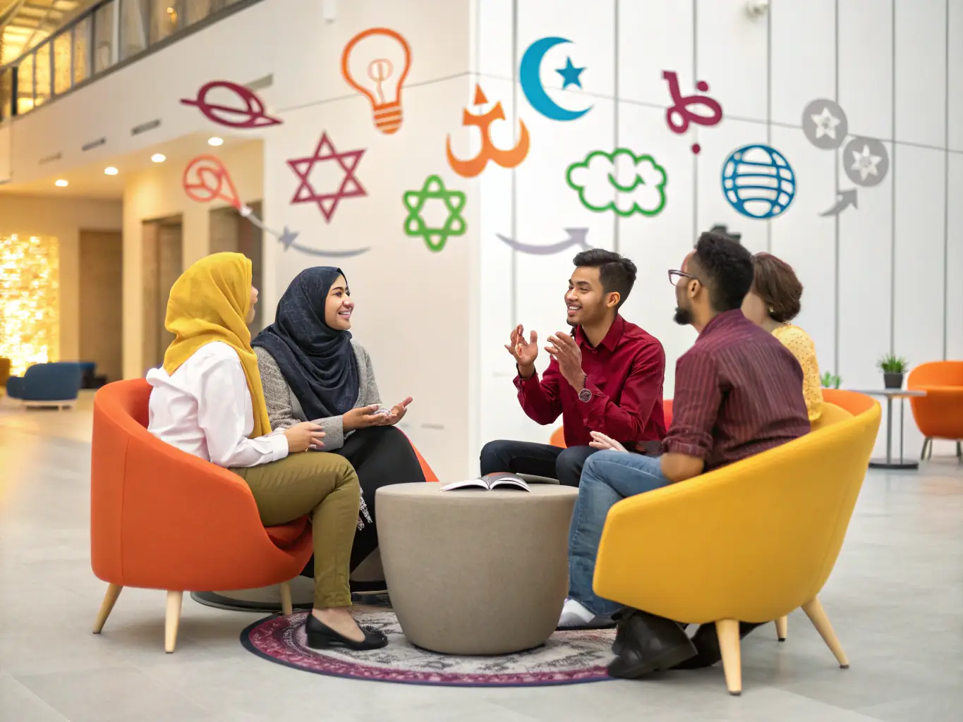A peer support worker facilitating a small group discussion, with participants sharing experiences and supporting each other in a comfortable, inclusive setting.